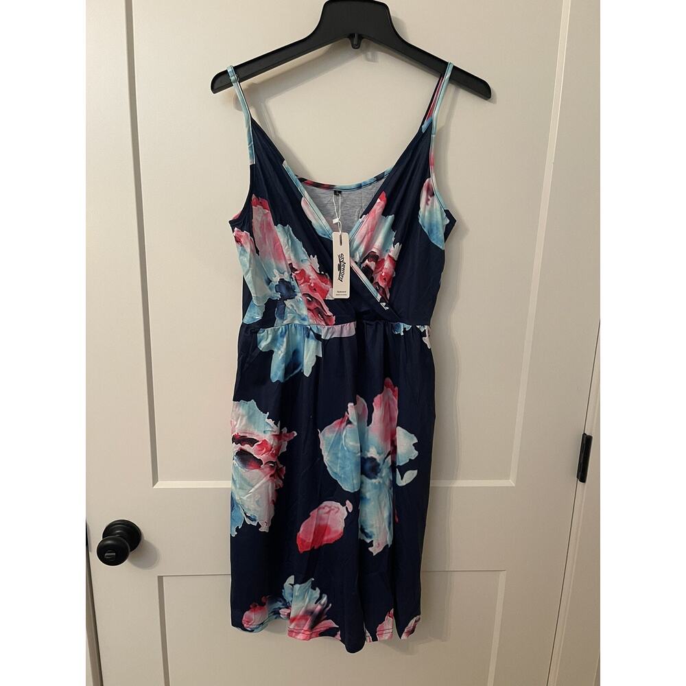 STYLEWORD Women's V Neck Floral Spaghetti Strap Summer Casual Swing Dress SZ L